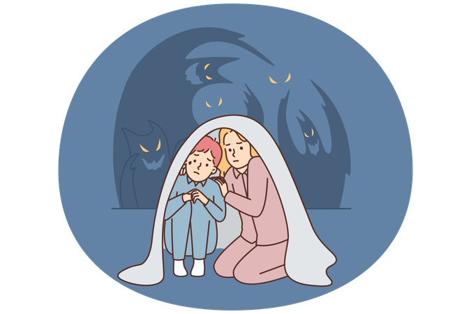 Teenage boy and girl sit wrapped in blanket scared of ghosts after watching scary movie  Illustration