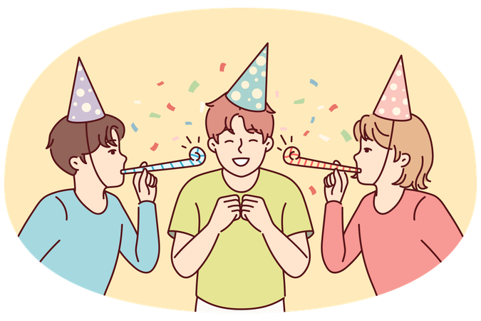 Teenage boy celebrating birthday with friends from school standing among confetti  Illustration