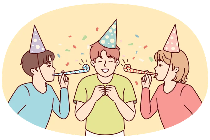 Teenage boy celebrating birthday with friends from school standing among confetti  Illustration