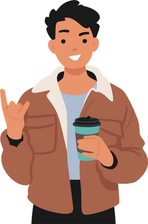 Teenage Boy Confidently Holding Coffee Cup  Illustration