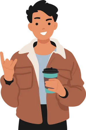 Teenage Boy Confidently Holding Coffee Cup  Illustration