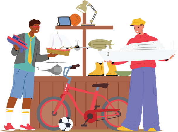 Teenage boy customer choosing buying antique toys at weekend garage sale  Illustration