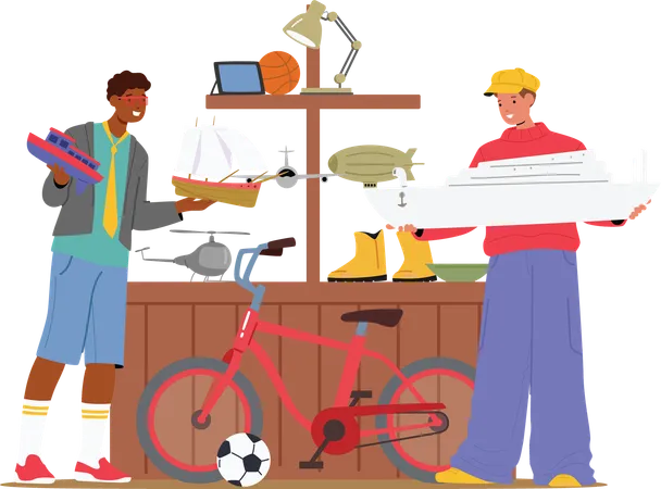 Teenage boy customer choosing buying antique toys at weekend garage sale  Illustration