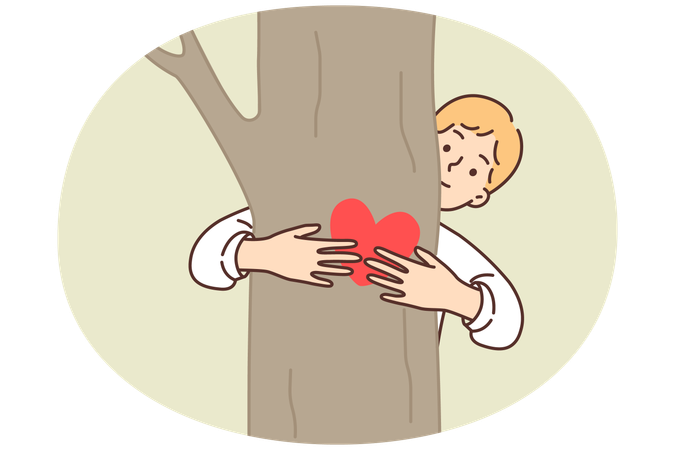 Teenage boy hugging tree sign of love for ecology and concern for environment  Illustration