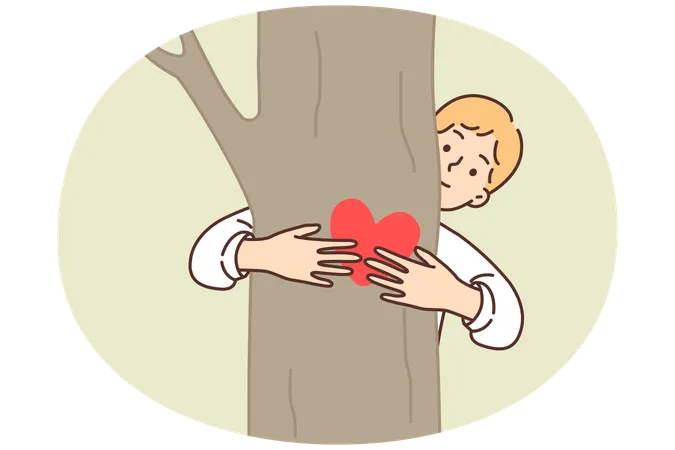 Teenage boy hugging tree sign of love for ecology and concern for environment  Illustration