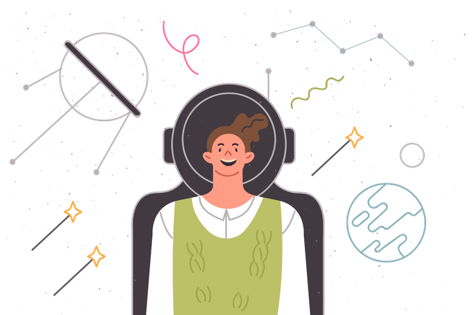 Teenage boy in fictional spacesuit dreams of flying into space and working on moon research mission  イラスト