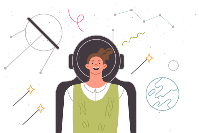 Teenage boy in fictional spacesuit dreams of flying into space and working on moon research mission  Illustration