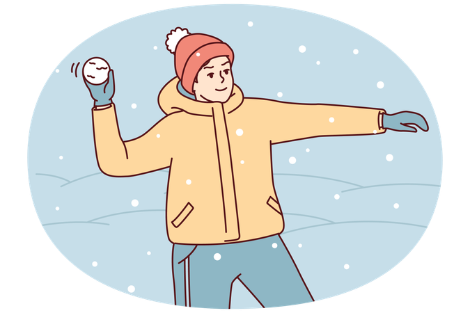 Teenage boy in winter clothes and hat plays snowballs throws snow at friends  Illustration