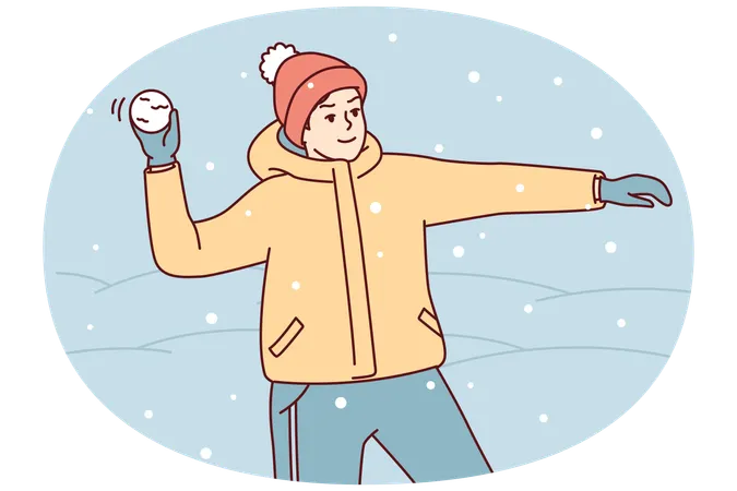 Teenage boy in winter clothes and hat plays snowballs throws snow at friends  Illustration