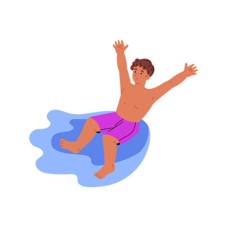 両手を上げて楽しそうに水に飛び込む少年  イラスト