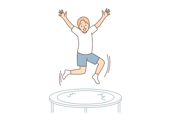 Teenage Boy Jumps On Trampoline Enjoying Outdoor Activities And Exercising In Gym Little Boy Is Jumping On Trampoline Raising Hands Up And Smiling Enjoying Vacation In Amusement Park Or Playground Illustration