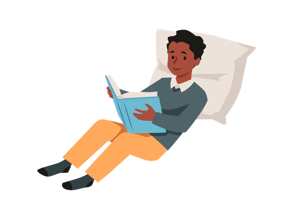 Teenage boy lies on a pillow deeply immersed in a book  Illustration