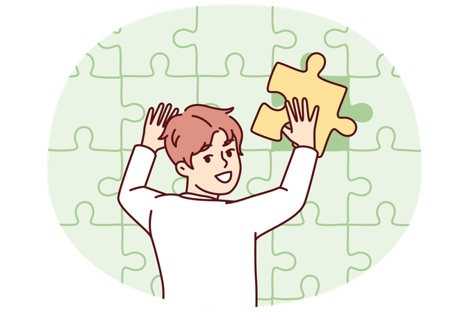 Teenage boy puts together huge puzzle on wall adding missing pieces to develop logic  Illustration