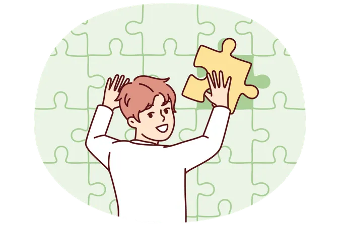 Teenage boy puts together huge puzzle on wall adding missing pieces to develop logic  Illustration
