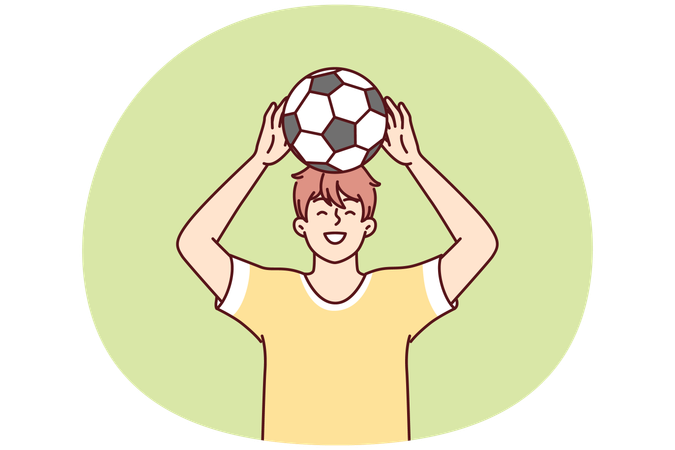 10代の少年がボールを頭上に掲げ、プロのサッカー選手になることを夢見る  イラスト