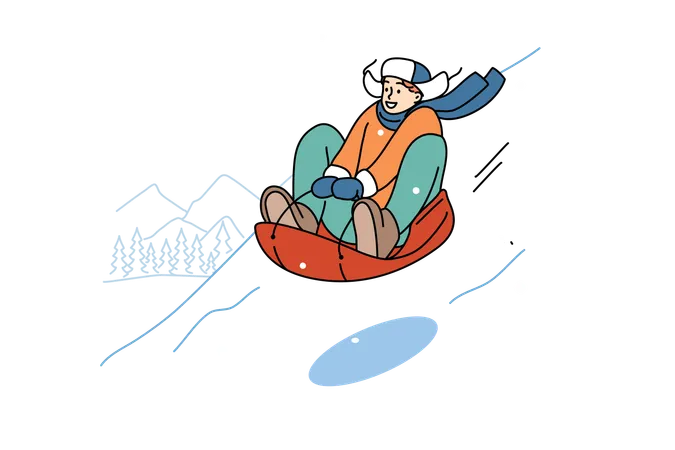 Teenage boy relaxing at winter ski resort and sliding down snow-covered hill on inflatable sled  イラスト