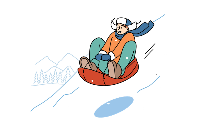 Teenage boy relaxing at winter ski resort and sliding down snow-covered hill on inflatable sled  Illustration