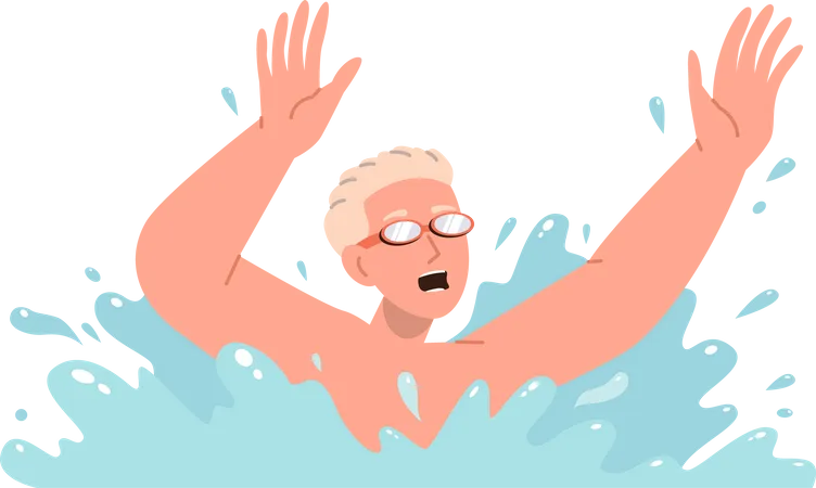 Teenage Boy Cartoon Character Wearing Swimming Protective Goggles Drowning In Sea Or Ocean Water Vector Illustration Young Guy In Dangerous Situation In Pool Splashing Screaming Feeling Stress Illustration