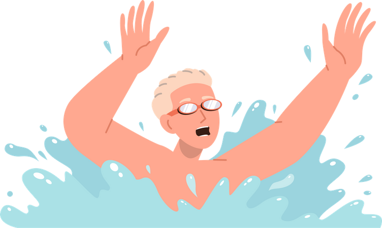 Teenage boy wearing swimming protective goggles drowning in sea  Illustration