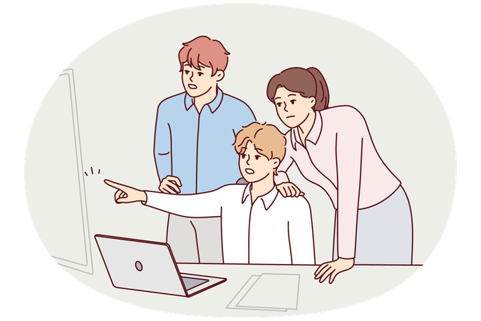 Teenage boy with afraid face points finger at window drawing attention mom and father  Illustration