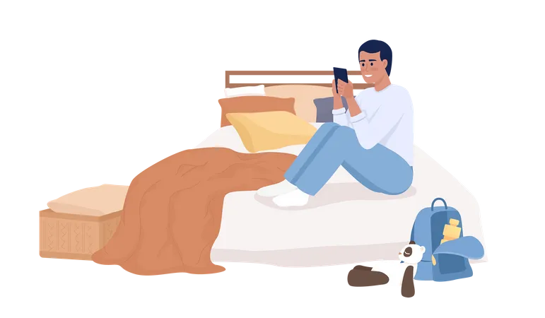 Teenage boy with smartphone sitting on bed  Illustration