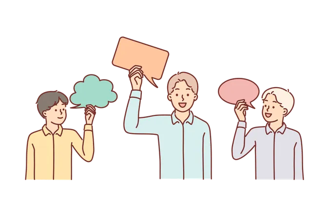 Teenage Boys Are Holding Speech Bubbles Symbolizing Communication With Friends Or Children Imagination And Ideas Schoolboys With Speech Clouds Above Heads As Metaphor For Networking Illustration