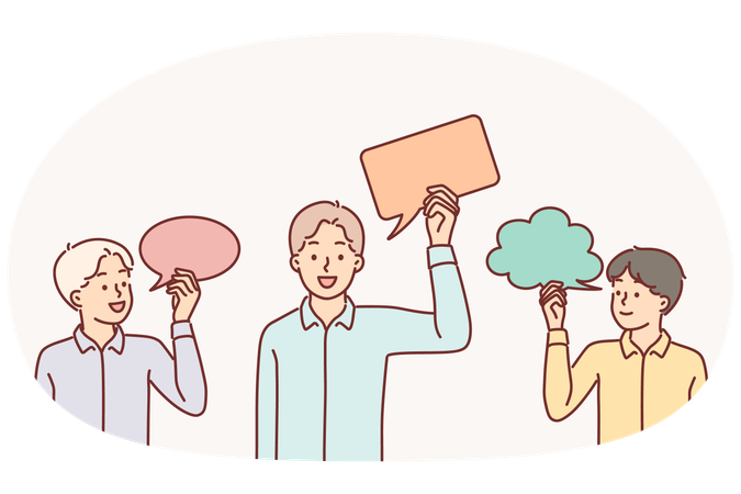 Teenage boys holding speech bubbles symbolizing communication or children imagination  Illustration