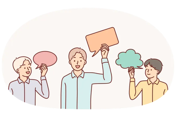 Teenage boys holding speech bubbles symbolizing communication or children imagination  Illustration