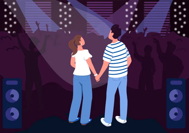 Teenage Couple In Club Flat Color Vector Illustration Party In Concert Hall Weekend Fun Entertainment For Creative Date Idea Friends 2 D Cartoon Characters With Crowd On Background Illustration