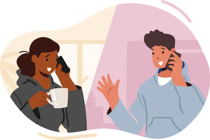 Teenager Characters Chatting And Speaking By Phones Gadgets Communication Concept Young Girl And Boy Speaking By Smartphones People Use Smart Technologies Devices Cartoon Vector Illustration Illustration