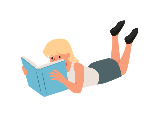 Teenage girl absorbed in reading a book while lying on her stomach  Illustration