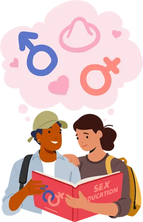 Teenage girl and boy reading book related to sex education Illustration