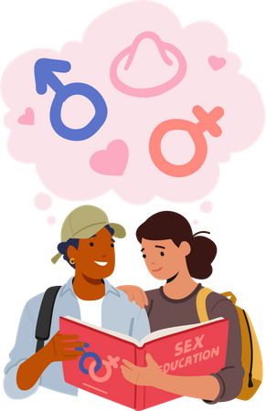 Teenage girl and boy reading book related to sex education  Illustration