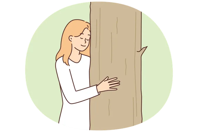 自然を大切にするというコンセプトで、植物に寄り添いながら木を優しく抱きしめる十代の少女  イラスト