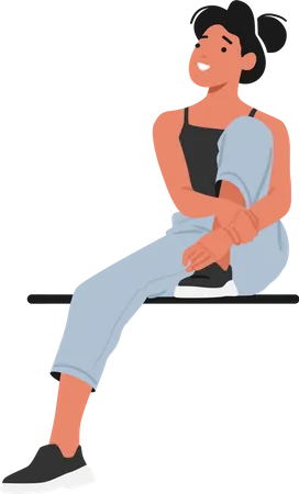Teenage Girl Casually Perched On A Bench Lost In Her Own World Observing Her Surroundings With A Contemplative Demeanor Female Character Sitting With Raised Leg Cartoon People Vector Illustration Illustration