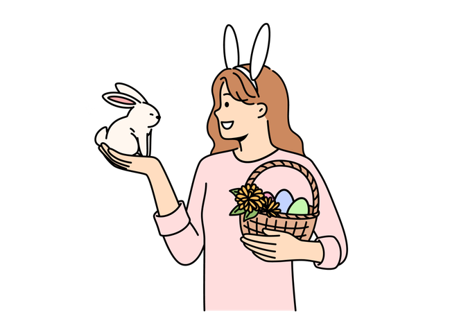 Teenage girl celebrating easter holds decorated eggs in basket and small rabbit  Illustration