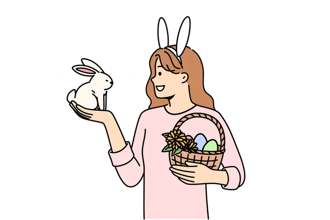 Teenage girl celebrating easter holds decorated eggs in basket and small rabbit  Illustration