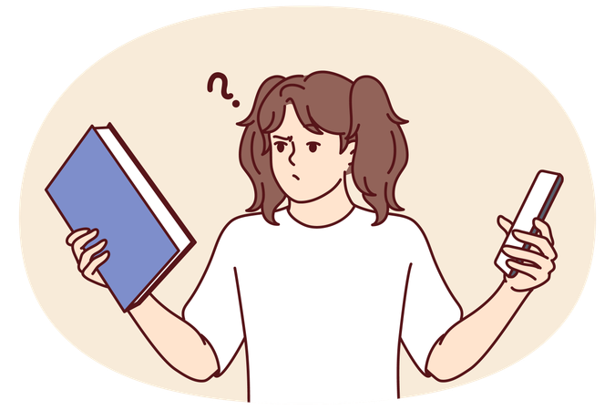 十代の少女は、お気に入りの芸術物語を読むために本と携帯電話のどちらかを選ぶ  イラスト