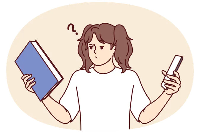 Teenage girl choose between book and phone to read favorite art story  Illustration