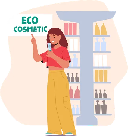 Teenage girl choosing eco cosmetics beauty products in store  Illustration