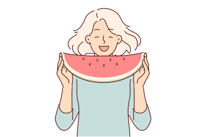 Teenage girl eats watermelon  イラスト