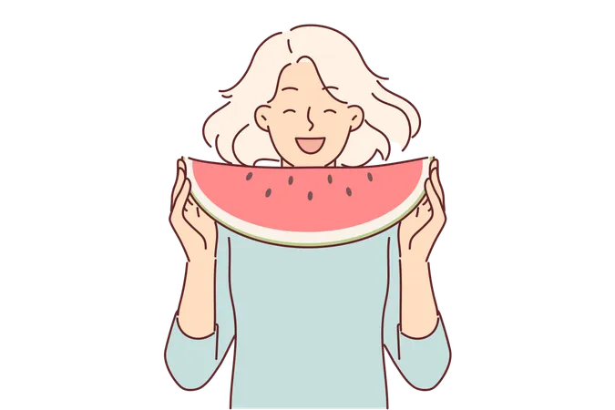Teenage Girl Eats Watermelon Enjoying Sweet Taste Of Cold Fruit That Quenches Thirst In Hot Summer Weather Child Laughs And Holds Piece Of Watermelon Containing Vitamins For Immune Health Illustration