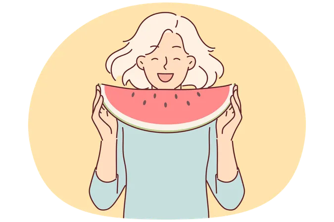 夏の天候で喉の渇きを癒す果物の甘い味を楽しみながらスイカを食べる十代の少女  イラスト