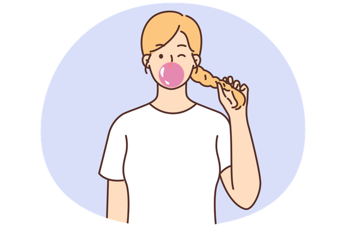 10代の少女がおさげ髪をつかんでフルーツ味のチューイングガムの大きな泡を吹く  イラスト