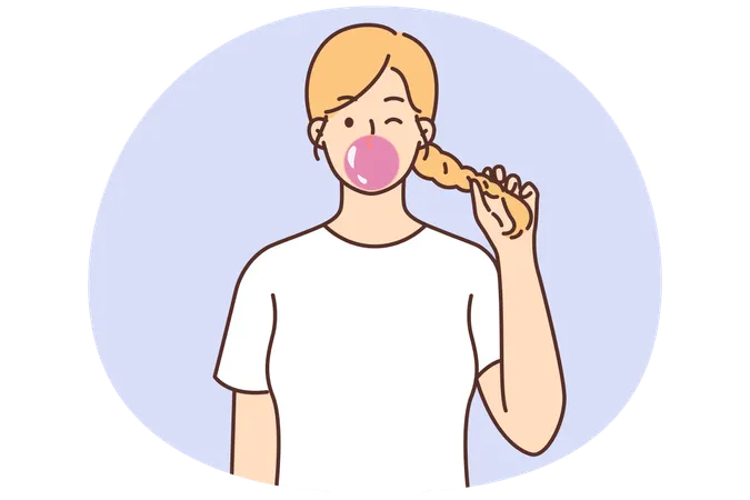 10代の少女がおさげ髪をつかんでフルーツ味のチューイングガムの大きな泡を吹く  イラスト