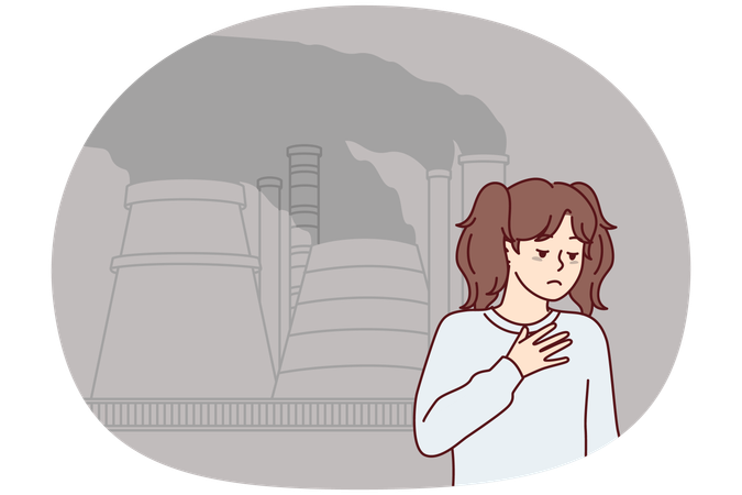 Teenage girl is sad standing near industrial pipes emitting smoke that damage nature  Illustration