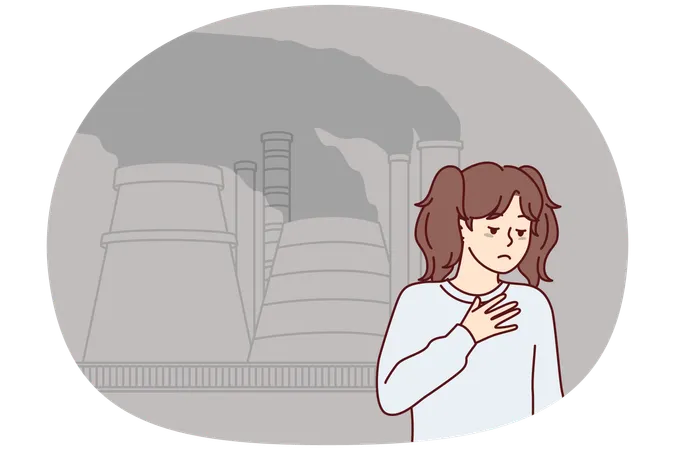Teenage girl is sad standing near industrial pipes emitting smoke that damage nature  Illustration