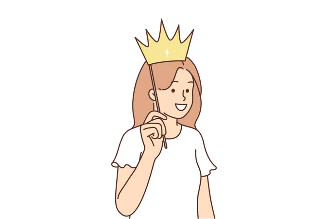 Teenage Girl Puts Fake Crown To Head And Smiles Dreaming Of Becoming Princess Or Queen And Living In Castle Happy Child With Golden Crown On Stick Participates In Photo Shoot During Party Illustration
