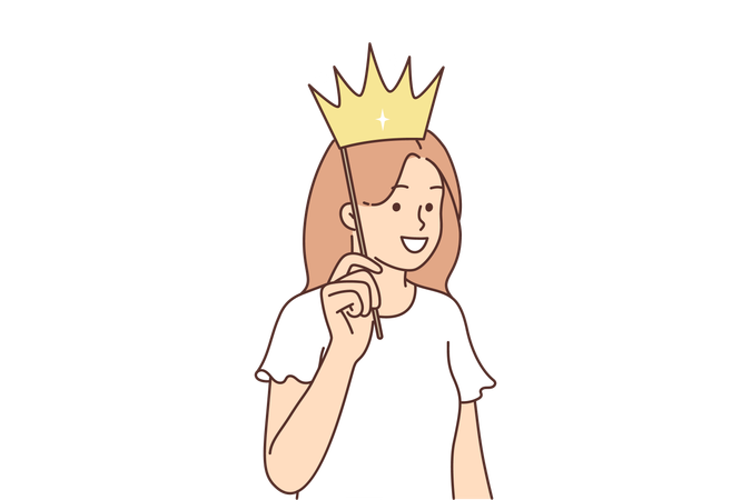 Teenage girl puts fake crown to head and smiles  Illustration