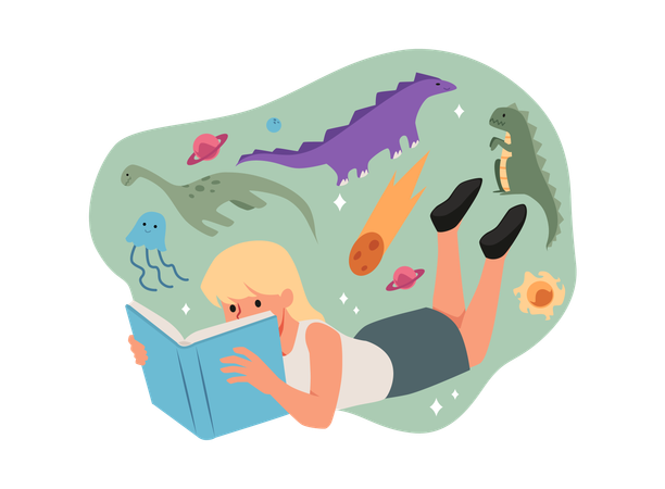 Teenage girl reading a fascinating book about dinosaurs  Illustration